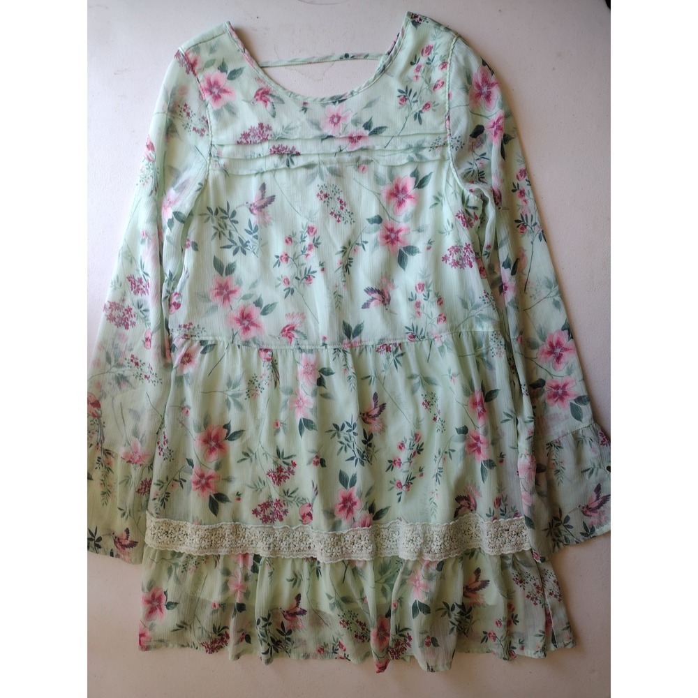 Abercrombie Kids Floral Hummingbird Dress Mint Green Tiered Lace Trim Size 11/12
